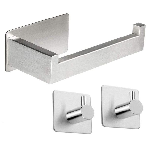 

toilet paper holder roll stainless steel with 2 hooks self-adhesive towel holders