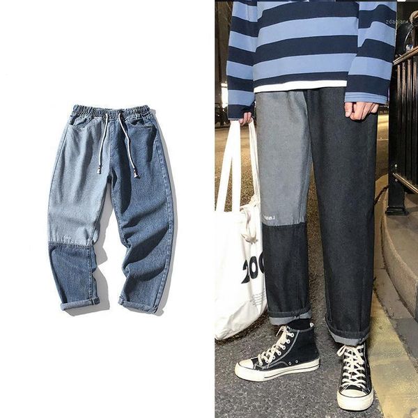 

patchwork graffiti jeans mens hip hop rock full print baggy and relaxed denim pants men loose straight lazy men's, Blue