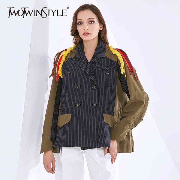 

printed hit color jacket for women lapel long sleeve casual patchwork tassel jackets female fashion clothes 210524, White