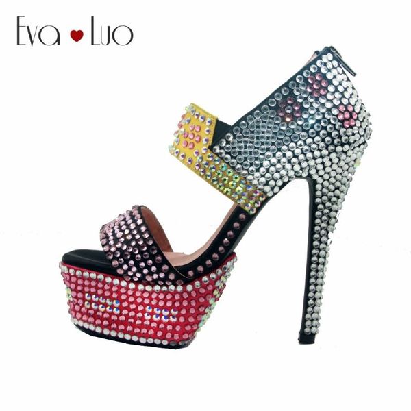 

custom made multicolor crystal bridal wedding shoes peep toe women high heels dress sandals, Black
