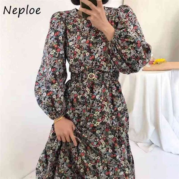 

vintage print slim dress women high waist hip a line vestidos o neck puff long sleeve pullover robe spring 210422, Black;gray