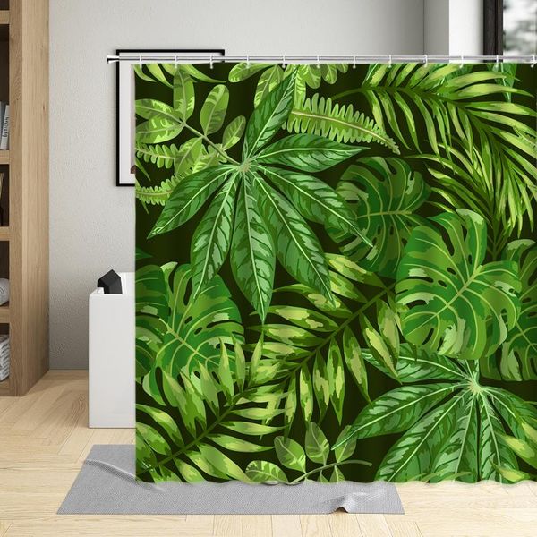 

tropical plant green leaf monstera pattern bathroom cut off screen home shower curtain waterproof with hook polyester washable curtains