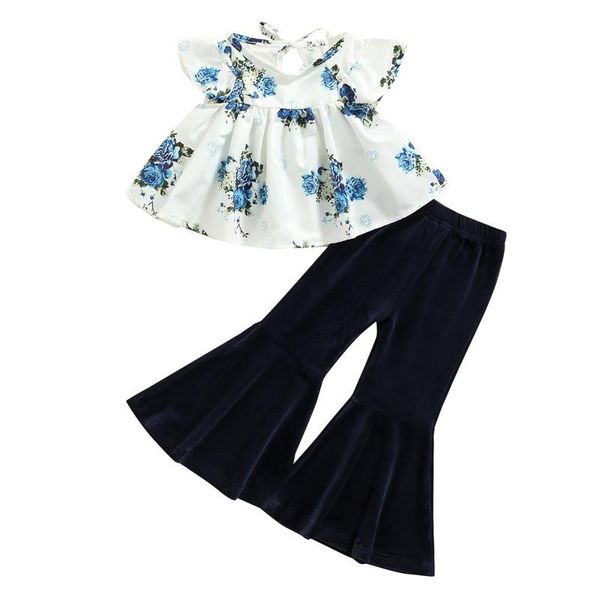 

clothing sets baby girls sweet clothes set floral printed ruffled and flared long trousers fashion vacatio outfits born 0-24 months, White