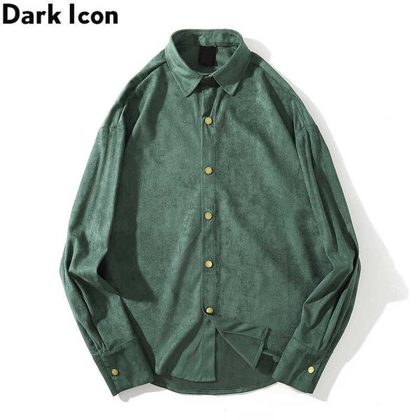 Замшевая рубашка мужчины поворотной воротниковой воротниковой рубашки с длинным рукавом уличные мужские рубашки черный зеленый 210603