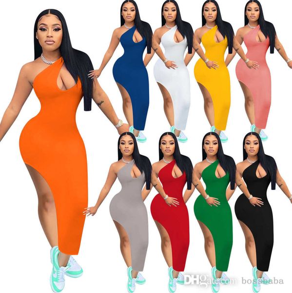 

women dress designer slim dresses solid color one shoulder slit white dress irregular nightclub clothing for summer, Black;gray