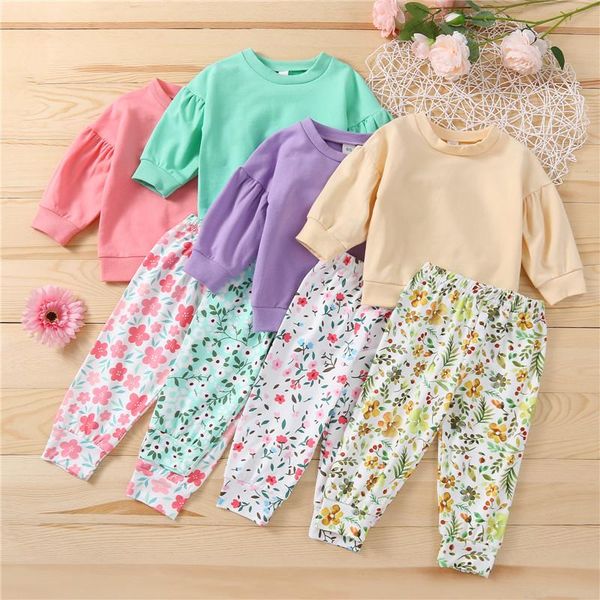 

clothing sets kids casual sweet 2pcs clothes round collar long sleeve sweatshirts +floral print pants fall spring outfits babe girls, White