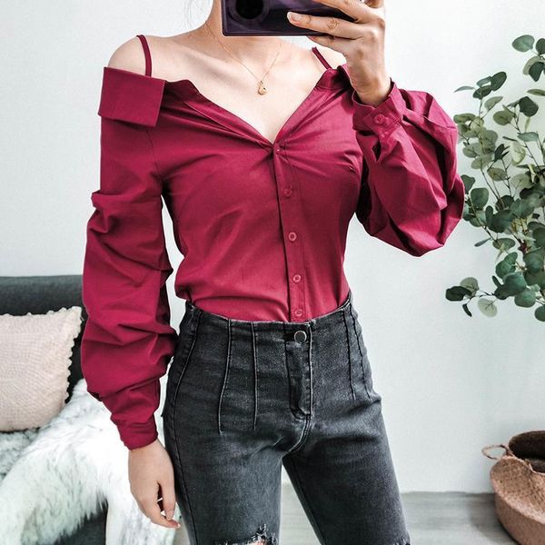 

women spring casual slim burgundy buttons lantern long sleeve blouse shirt office ladies elegant korean sj5778m, White