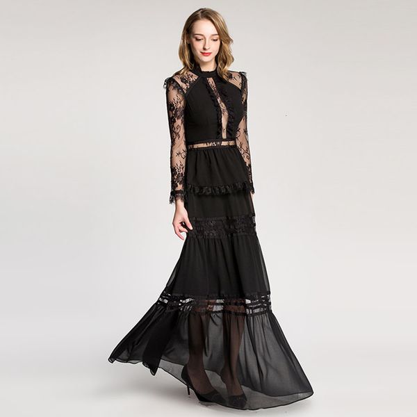 

dress high end ed as women's spring no-strapped lace perspective embroidered hollow frilly seams big sheaths long es, Black;gray