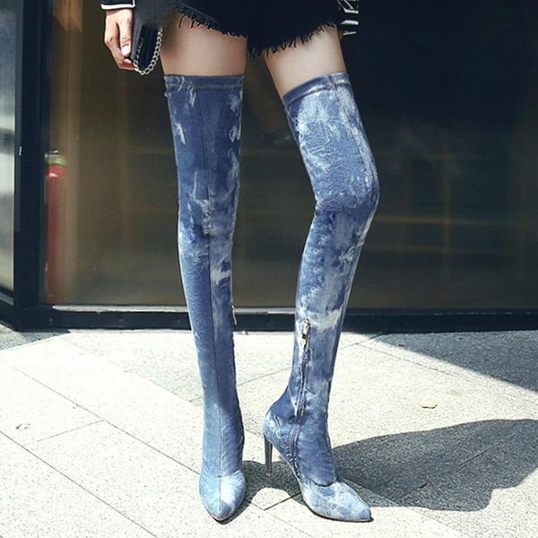 

boots denim blue botas women thigh high winter thin heels jeans over knee zipper shoes zapatos de mujer nice, Black