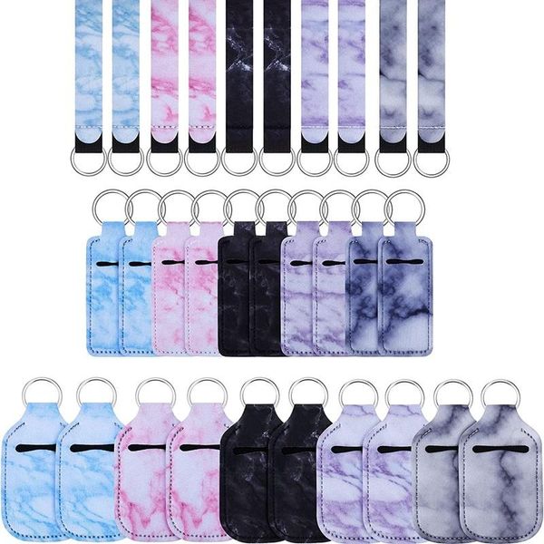 

hooks & rails 30pcs marble style travel bottle keychain holders set, wristlet lanyards and lipstick holder
