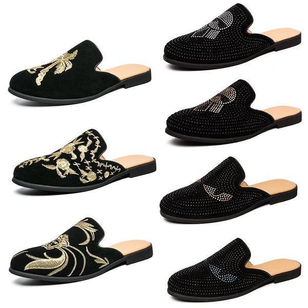 

luxury designer mens slippers rhinestones embroidered half-wrapped loafers flats mules casual shoes slipper black slip-on shoes slides