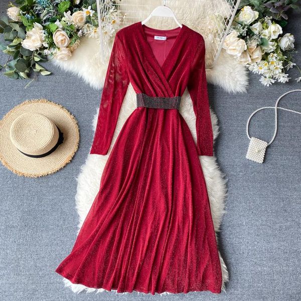 

casual dresses 2021 autumn women elegant v-neck long sleeve shiny empire a-line dress bandage celebrity party g946, Black;gray