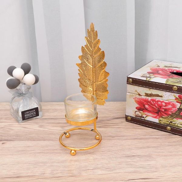 

candle holders plating iron holder with glass cup candlestick leaf shape decor for wedding party home decoration (a style,golden)