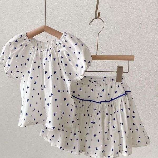 

clothing sets kids clothes summer baby girls' heart-shaped pattern printed shirt + skirt two piece children sweet short sleeve outfit, White