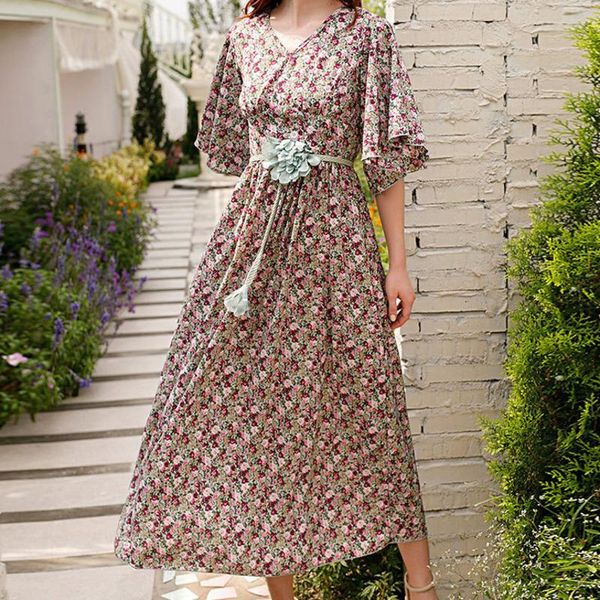 

party dresses floral print casual long dress fashion loose v neck elegant a line 2021 summer bohemian half sleeve holiday women, White;black