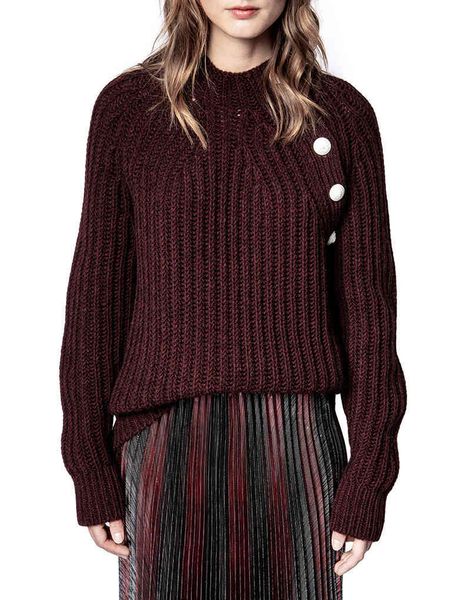 

loose women's sweater with metal buckle, medium high neck sweater, suitable for autumn and winter, White;black