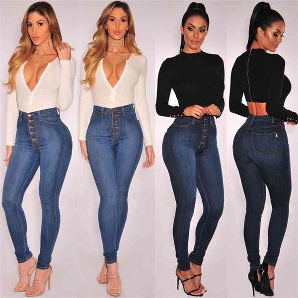 

women jeans stretch high waist denim skinny slim fit trousers fashion casual daily button up street pencil bottoms 210522, Blue