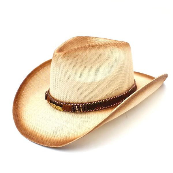 

cloches fashion women men straw western cowboy hat with leaves band for lady dad handmade weave hombre cowgirl jazz caps size 58cm, Blue;gray