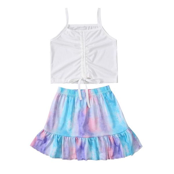 

1-6 years infant girls summer outfit solid color sleeveless drawstring suspender random dyeing short skirt casual set clothing sets, White