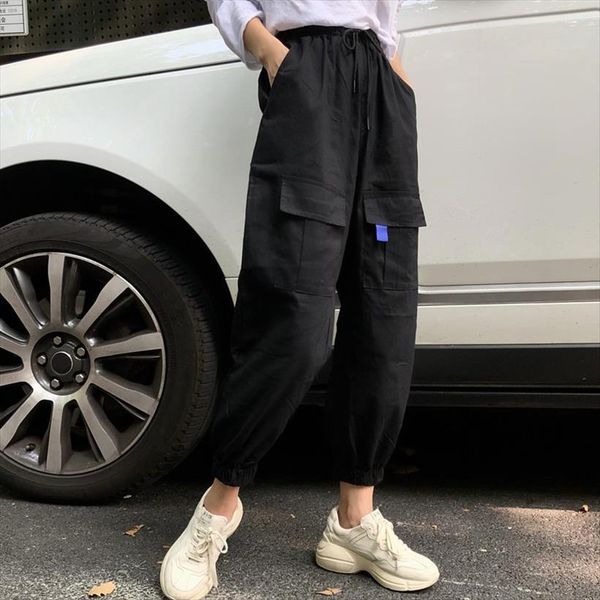 

high waist loose joggers women pants drawstring streetwear cargo solid big pocket female causal punk trousers, Black;white
