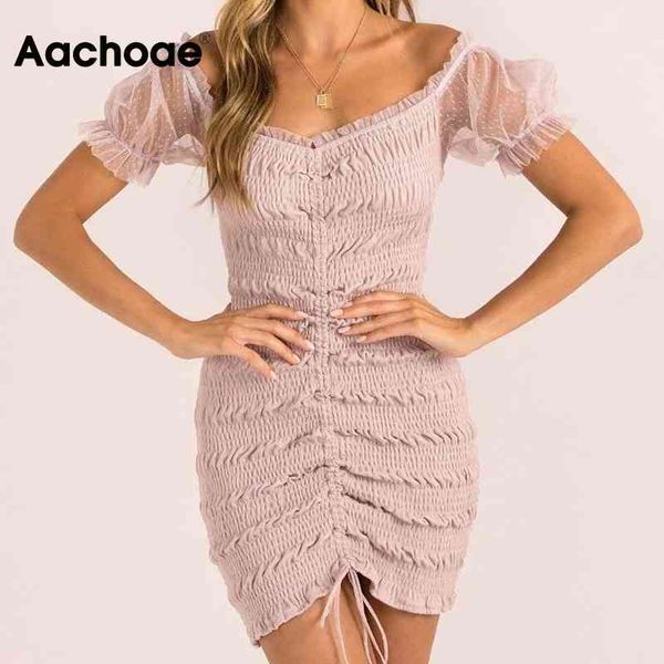 

aachoae mesh patchwork bodycon mini dress women drawstring pleated party dress summer short sleeve chic dresses 210413, Black;gray