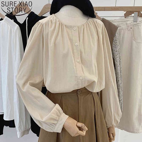 

spring simple blouse cotton elegant solid round neck autumn pleated lantern sleeve ladies apricot blouses blusas mujer 12325 210417, White