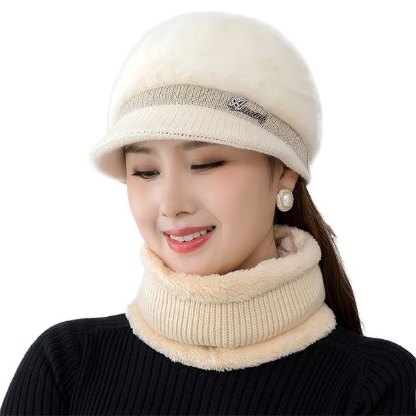 

rabbit fur winter hat for women beanies knitted cashmere girl solid bonnet femme caps 211119, Blue;gray