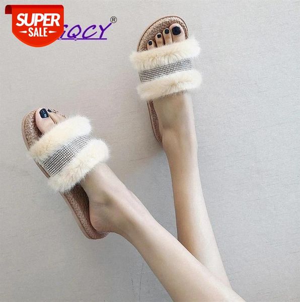 

new fur slides women home summer shoes beige fashion bling flip flops platform soft bottom slippers mixed colors #nc4y, Black