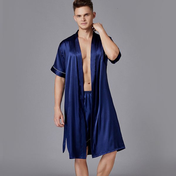 

2pc pajamas sets mens spring and summer loose large size silk nightgown bathrobe shorts two-piece suit home service, Black;brown