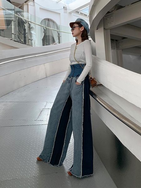 

women's jeans autumn women 2021 net red jean color matching high waist bf wind wide leg show thin casual versatile trend, Blue