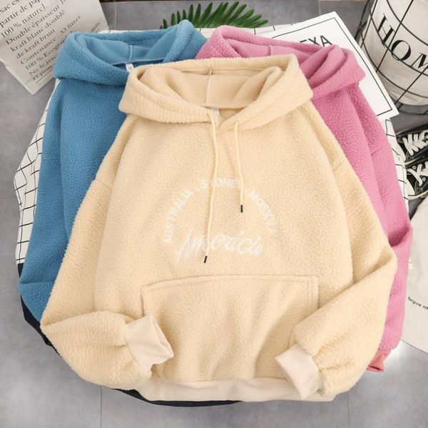 

winter loose fleece letter pullover sweatshirt lamb hoodies casual women's solid sportswear korean kawaii hoodie & sweatshirts, Black