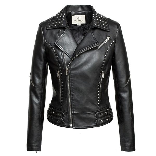 

women's leather & faux women slim rivet harajuku fashion jacket womens zipper lapel pu jackets outwear, Black