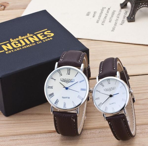 

wristwatches 2pcs fashion couple high gloss glass leather belt watch set contains box lover quartz trend, Slivery;brown