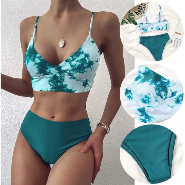 

women's swimwear 2021 women swimsuit ladies fashion green color matching tie-dye bandeau bandage bikini set push-up beachwear, White;black