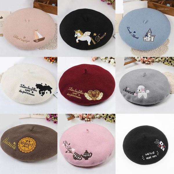 

women's embroidered wool beret cap hats fashion ladies french artist beanie caps berets, Blue;gray
