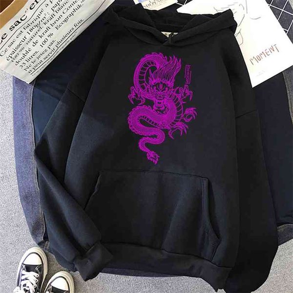 

chinese dragon hoodie vintage women hooded sweatshirt harajuku oversize pullover streetwear hip-hop hoodie 210813, Black