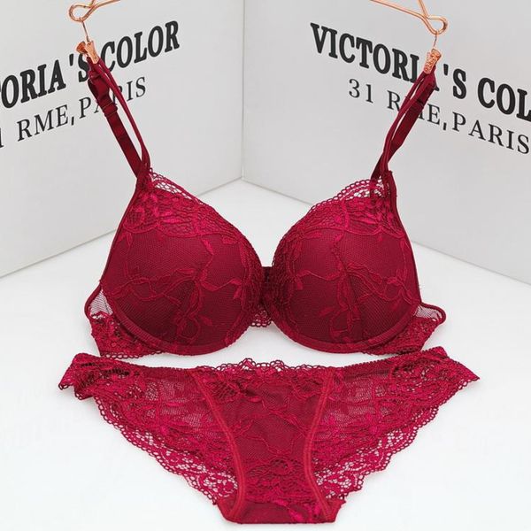 

bra set style suit lingerie lace gathered deep v-shaped adjustable small breast, Red;black