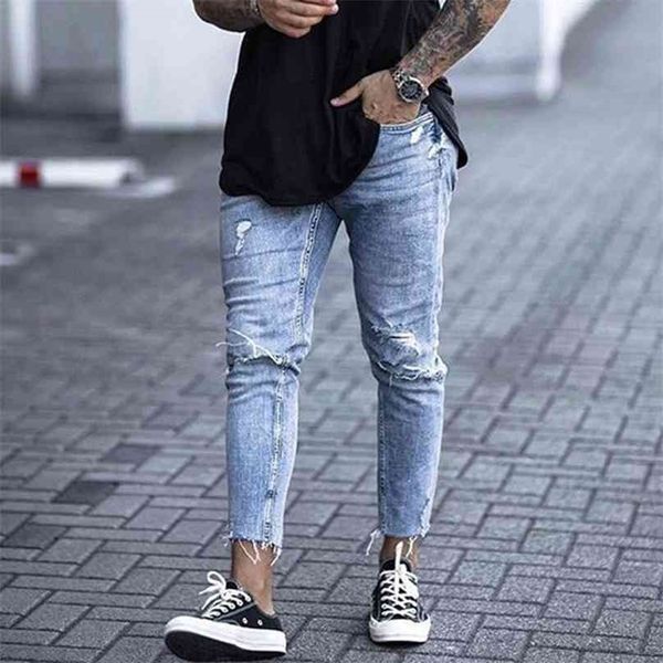 Rahat Skinny Kot Ayak Bileği Uzunluğu Yırtık Denim Pantolon Fermuar Fly Erkekler Giyim Kesim Alt Kalem Işık Mavi Kovboylar Streetwear 210716