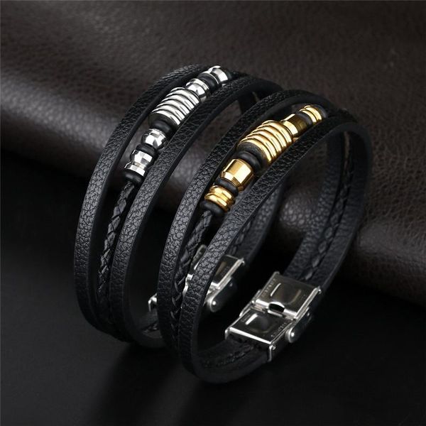

charm bracelets classic 3 layers black gold punk style design leather bracelet for men steel stainless buckle birthday gift male, Golden;silver