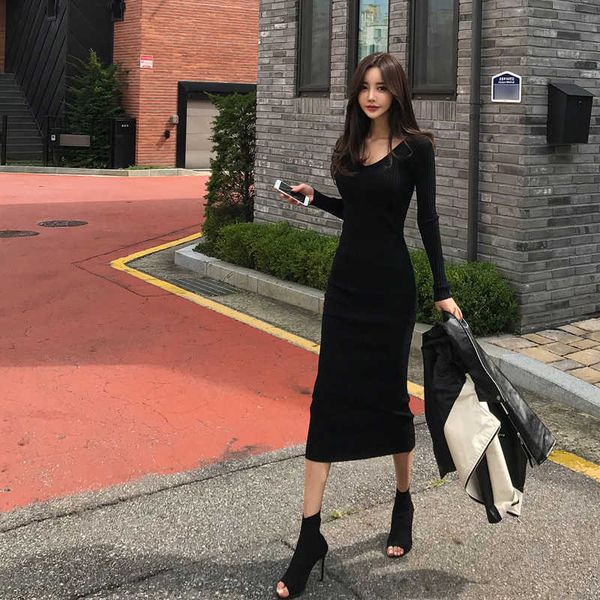 

dress autumn and winter ladies v-neck bottoming long-sleeved knitted bag hip office lady sheath 210603, Black;gray