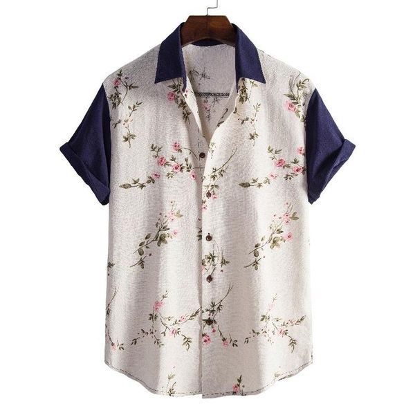 

summer plus size men's short-sleeved lapel shirt loose thin floral men shirts casual, White;black