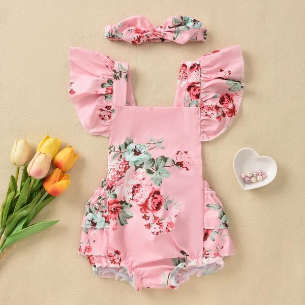 

rompers 2 pcs princess born flower print outfits baby girl tie-up ruffled sleeve square collar bowknot romper + headband, Blue