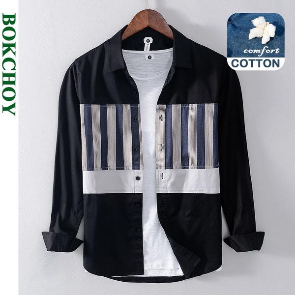 

men's casual shirts 2021 summer and spring men trendy color block shirt long sleeve striped work wear white black gc-1238