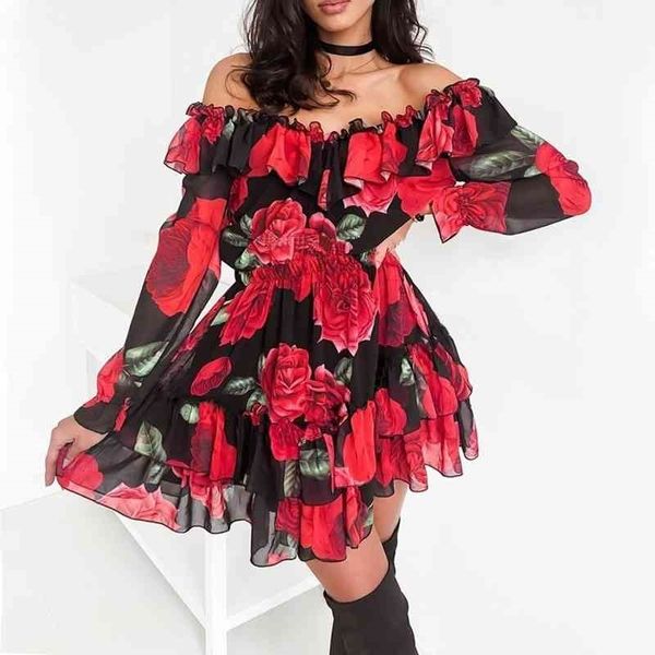 

casual dresses women off shoulder ruffles flower print spring long sleeve elegant evening party female beach holiday vestidos 5617, Black;gray