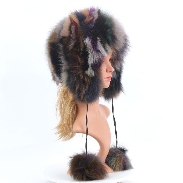 

winter fur hat for women hat with ear real fox fur caps russian women bomber hats bonnets trapper cap camo fox hat wholesale, Blue;gray