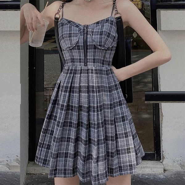 

casual dresses kawaii y2k girl plaid mini dress dark punk goth mall grey black vestidos korean preppy style robe spaghetti strap lolita, Black;gray