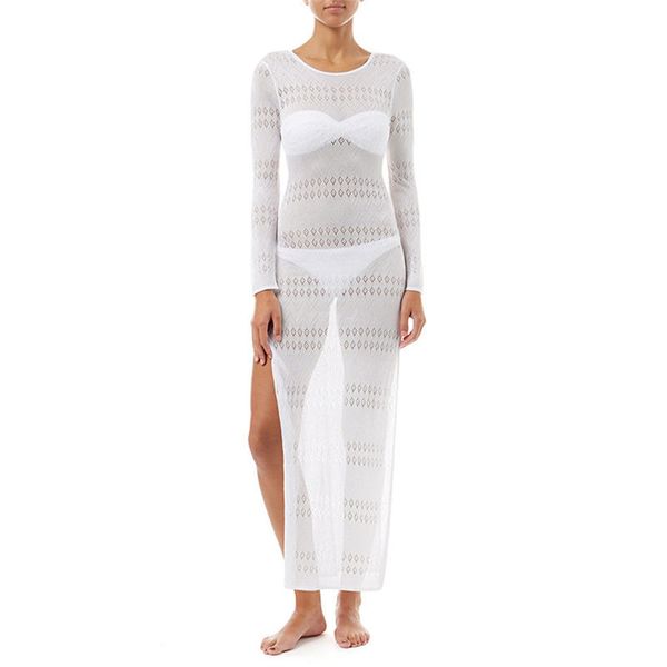

knitted long beach dress white cover up robe plage crochet tunics for saida de praia swimsuit cover #q424 210420, White;black