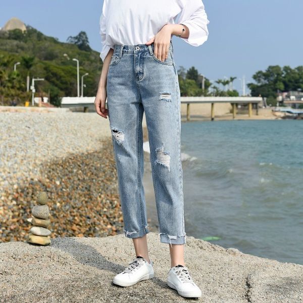 

jeans women's fashion spring rasgado hole fine boyfriend jeans occasional pants from single ladies jean reta, Blue