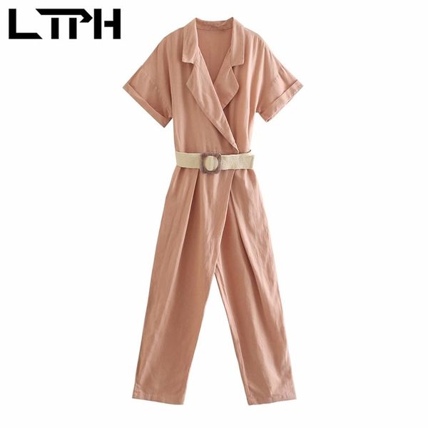

ltph tooling style suit collar jumpsuits women vintage high waist sashes cotton linen rompers casual jumpsuit summer 210423, Black;white