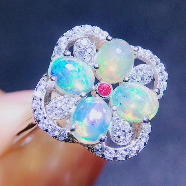 

cluster rings per jewelry natural real white opal flower big ring 0.25ct*4pcs gemstone 925 sterling silver fine q2042628, Golden;silver